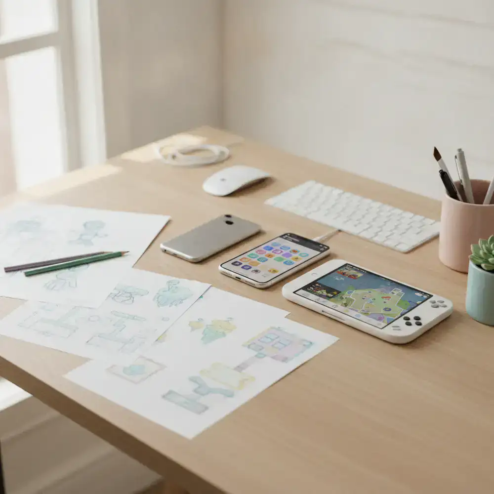 A clean, minimalist desk showing game sketches and mobile testing devices