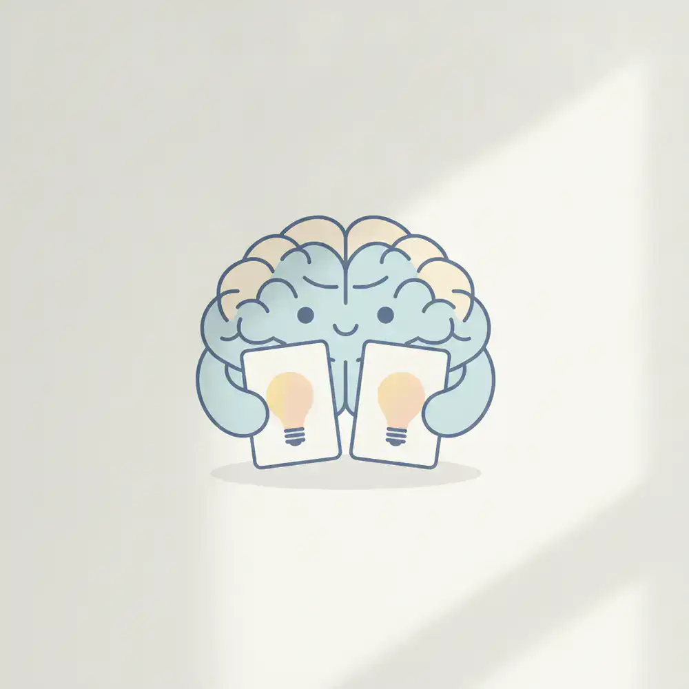 Minimalist illustration of a friendly brain character holding a pair matching card