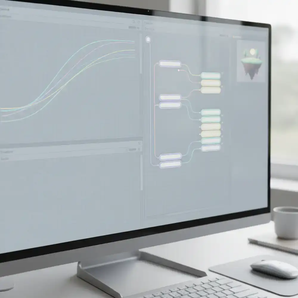 Screenshot of the game engine editor showing animation curves and logic nodes