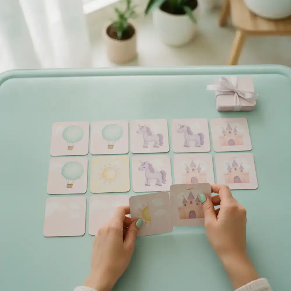 Illustration of the pastel card flip mechanics in action