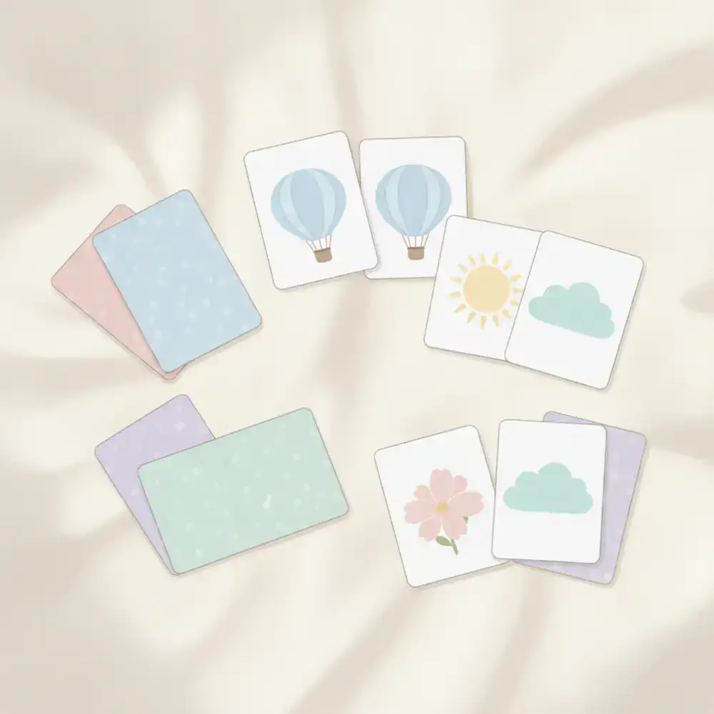 Illustration of hidden and matched pastel memory cards on a soft background