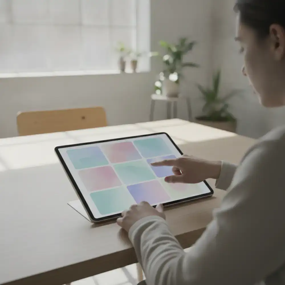 A playtester interacting with a soft pastel memory grid on a touchscreen device
